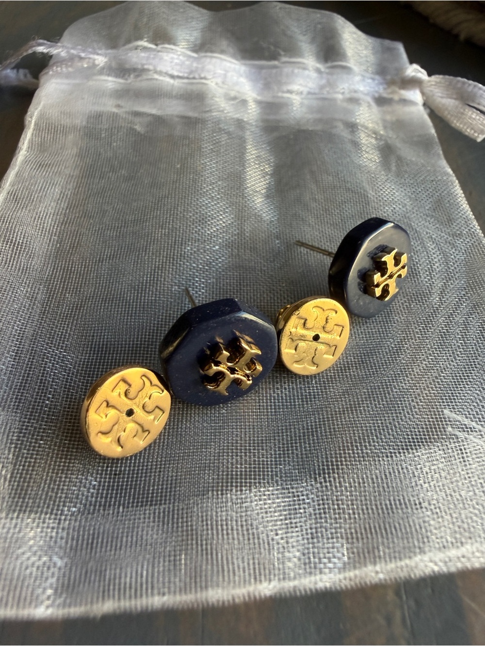 Tory Burch Navy Blue Octagonal Logo Stud Earrings Gold Tone | Original Logo Back - Picture 3 of 4